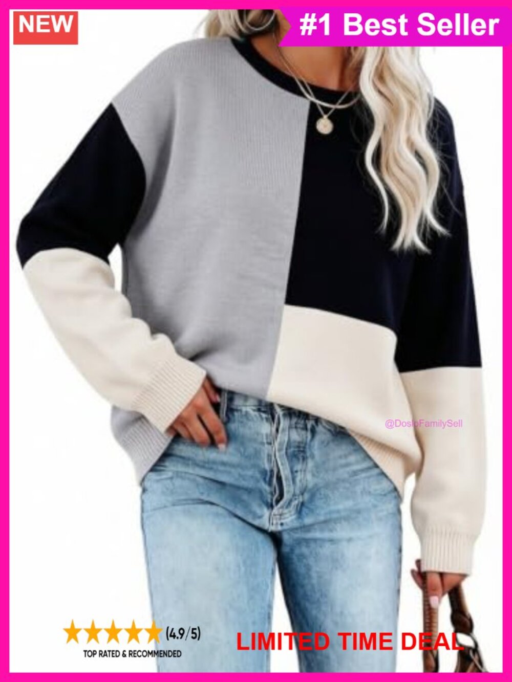 Waffle Knit Color Block Pullover Sweater Crew Neck Loose Fit Casual